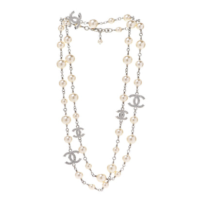 Chanel Crystal Pearl CC Long Necklace Silver 3 of 6