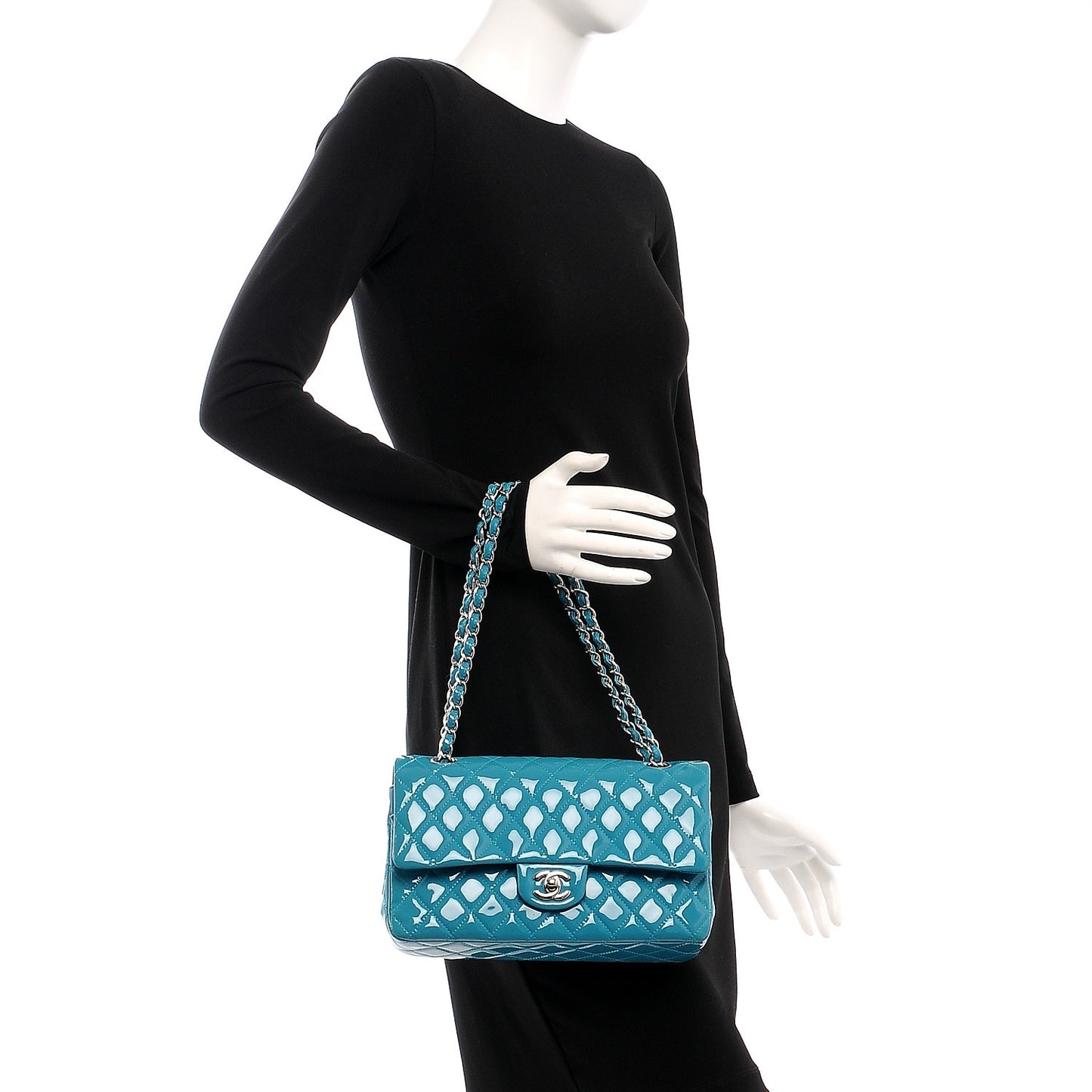 Patent Calfskin Quilted Medium Double Flap Turquoise