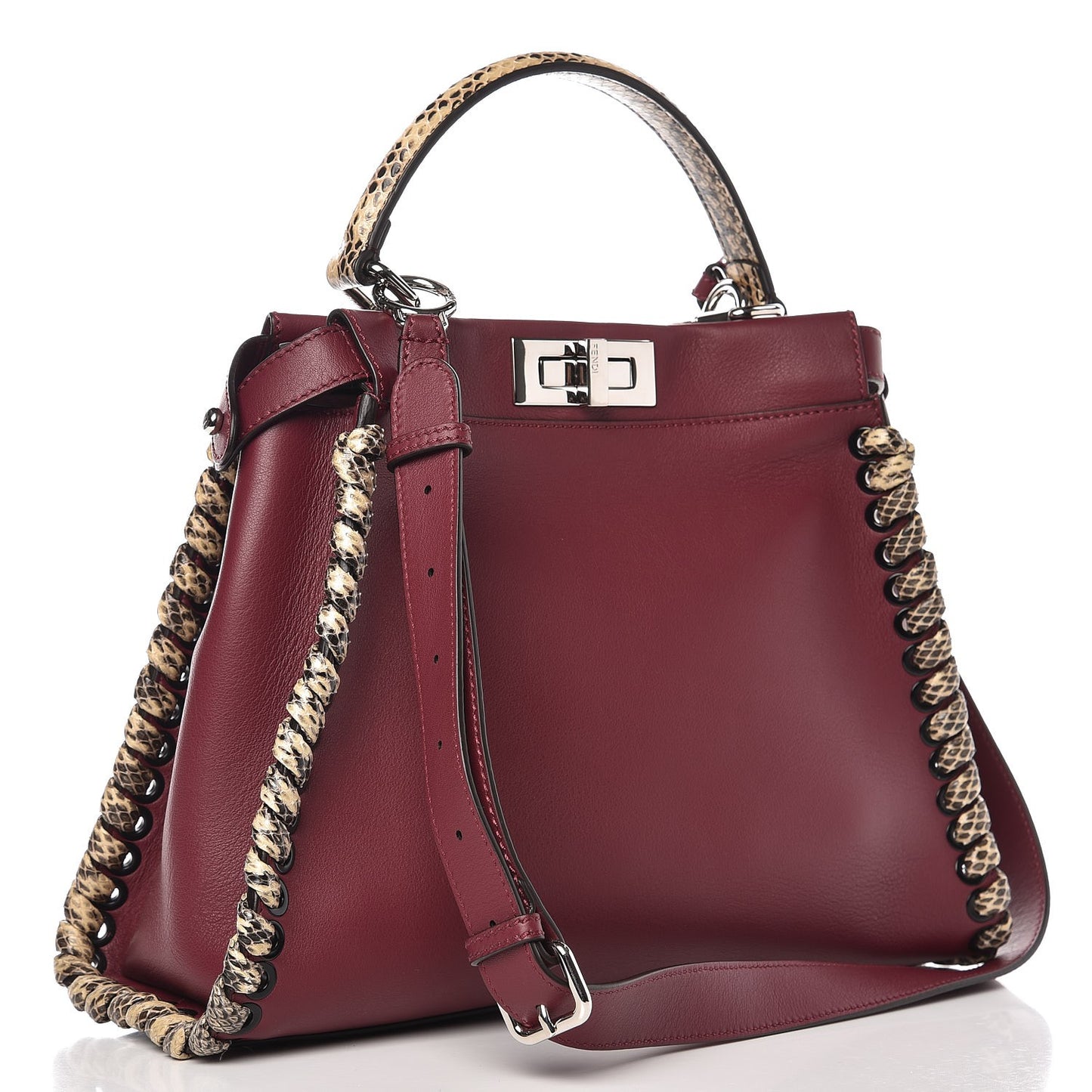 Calfskin Elaphe Lace Up Medium Peekaboo Iconic Satchel Bordeaux Beige Verde