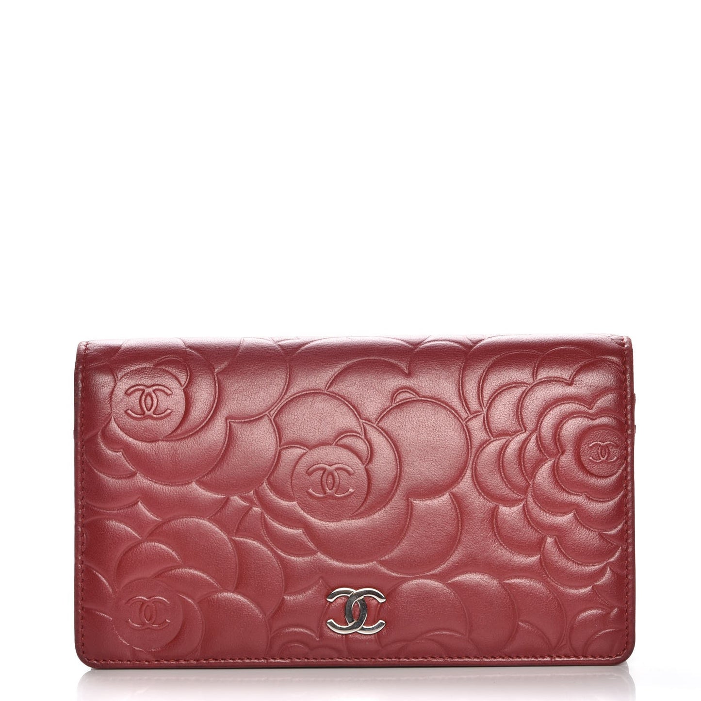 Lambskin Camellia Embossed Yen Wallet Dark Red