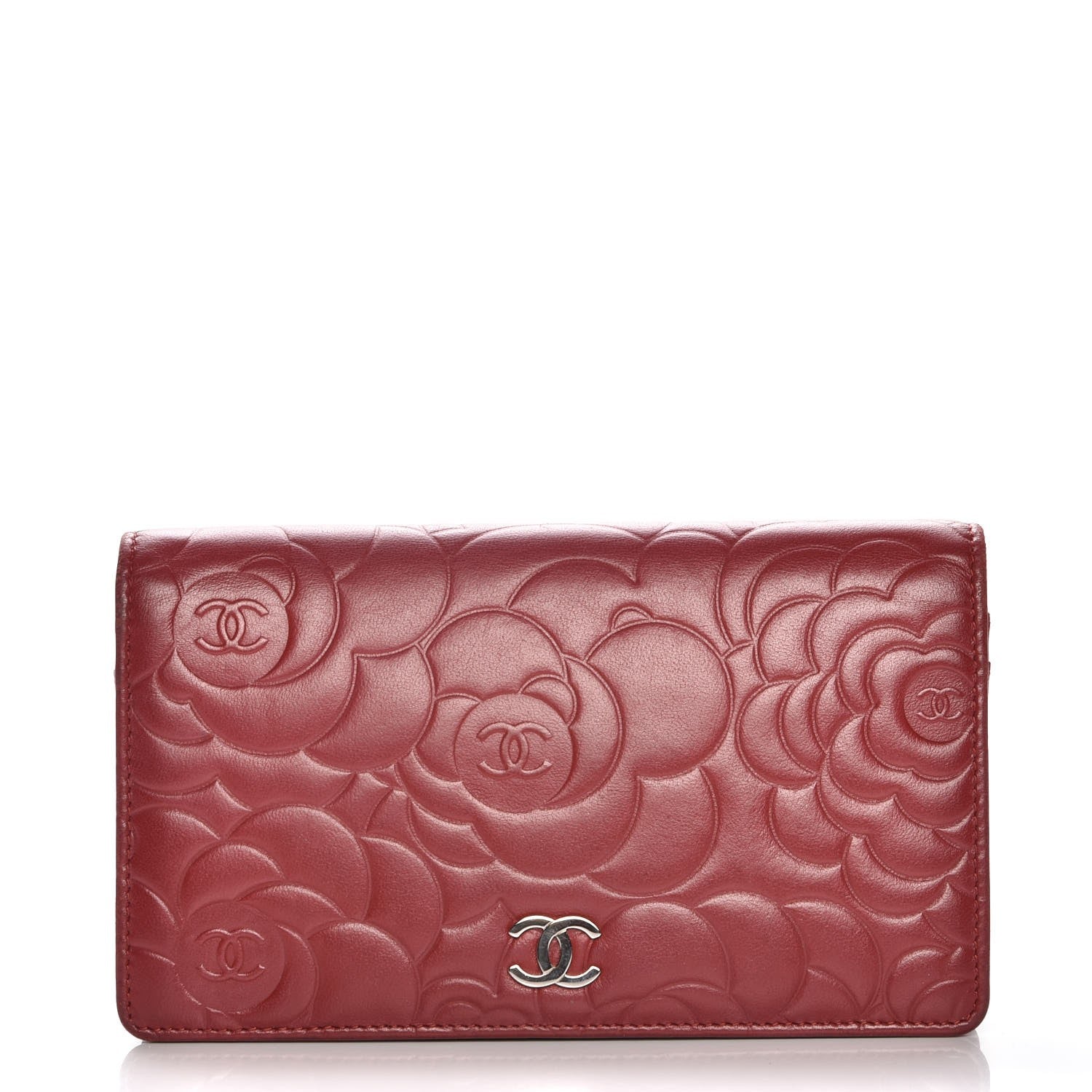Chanel Lambskin Camellia Embossed Yen Wallet Dark Red 1 of 13