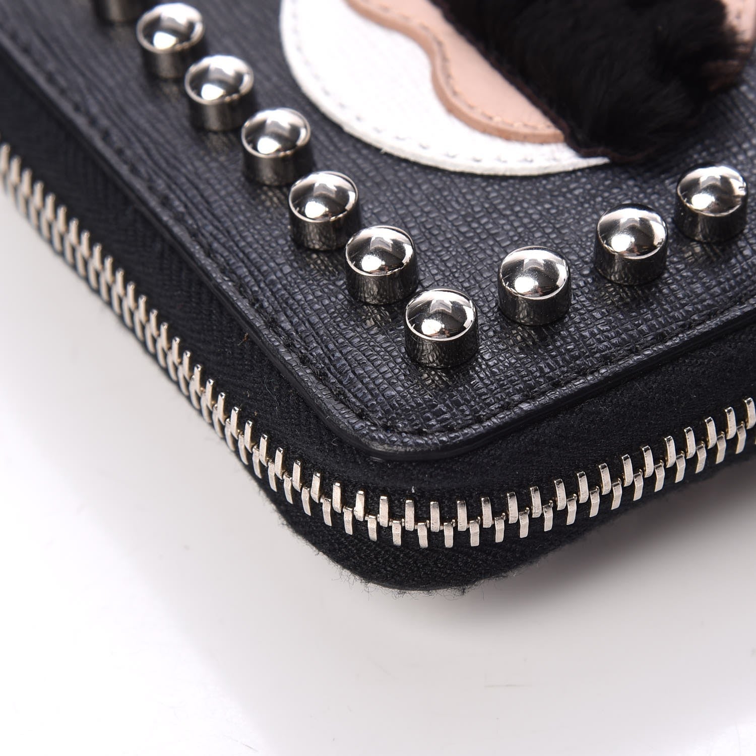 Fendi Vitello Elite Flamingo Mink Karlito Studded Zip Around Chain Wallet Black White Plaster 11 of 15
