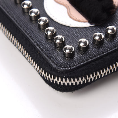Fendi Vitello Elite Flamingo Mink Karlito Studded Zip Around Chain Wallet Black White Plaster 11 of 15