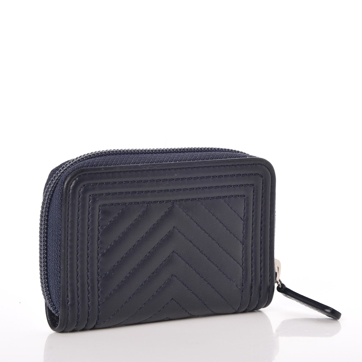 Calfskin Chevron Zip Around Boy Coin Purse Wallet Dark Navy