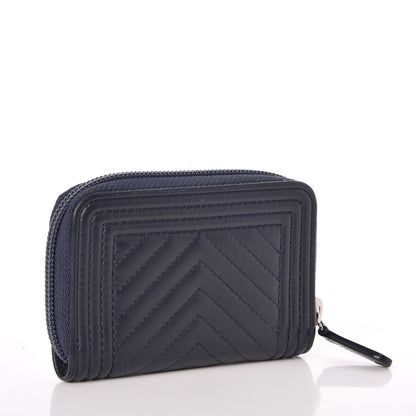 Chanel Calfskin Chevron Zip Around Boy Coin Purse Wallet Dark Navy 3 of 8