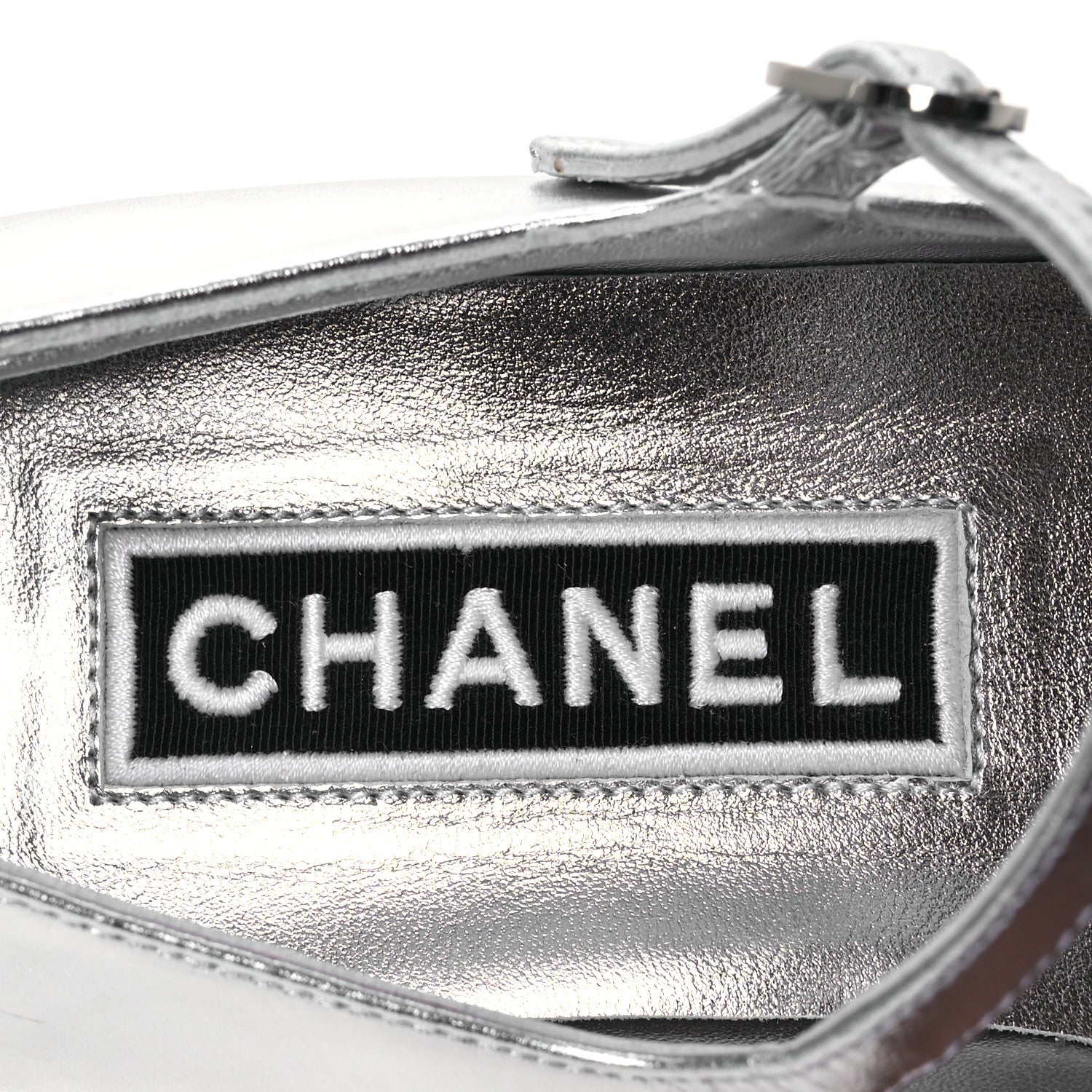 Chanel Laminated Calfskin Grosgrain Mary Janes Flats 37 Silver Black 8 of 12