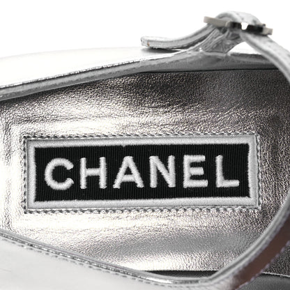 Chanel Laminated Calfskin Grosgrain Mary Janes Flats 37 Silver Black 8 of 12
