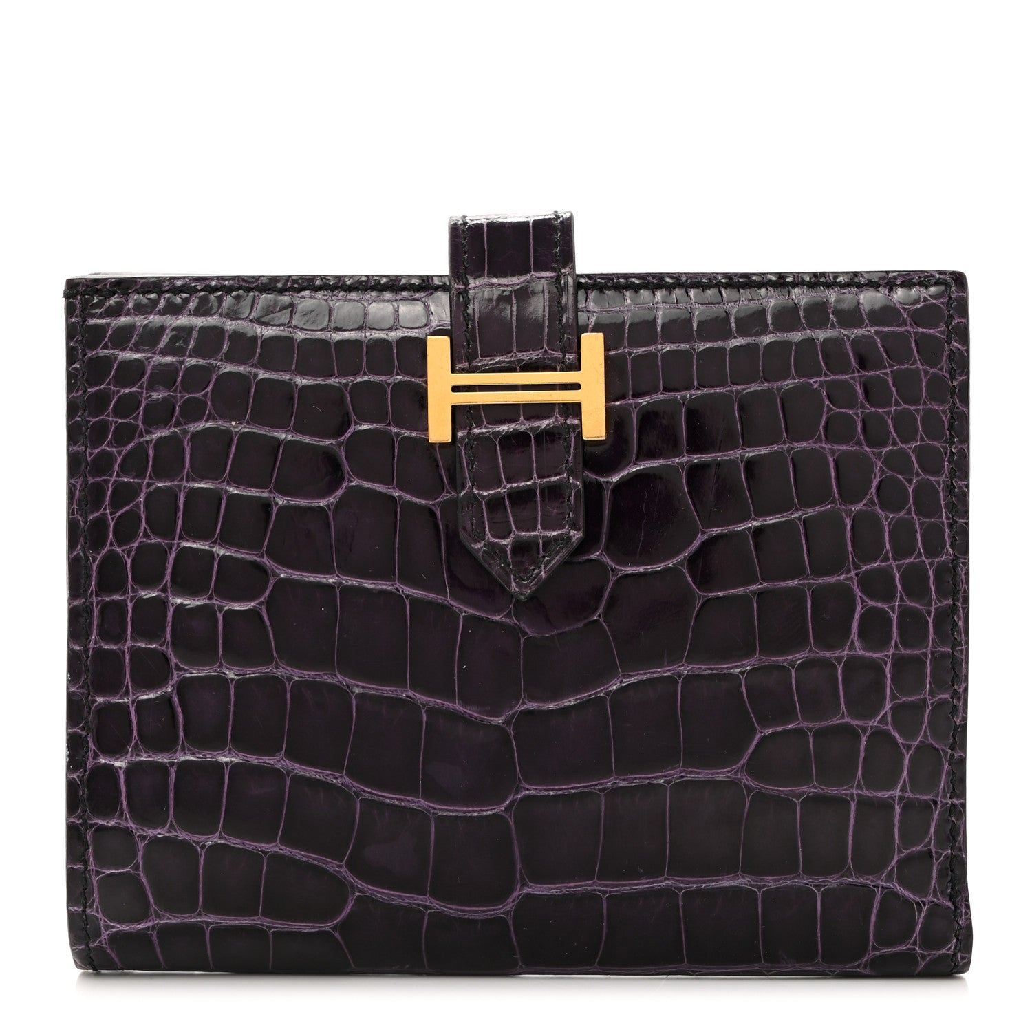 Hermes Shiny Alligator Bearn Compact Wallet Aubergine 1 of 8