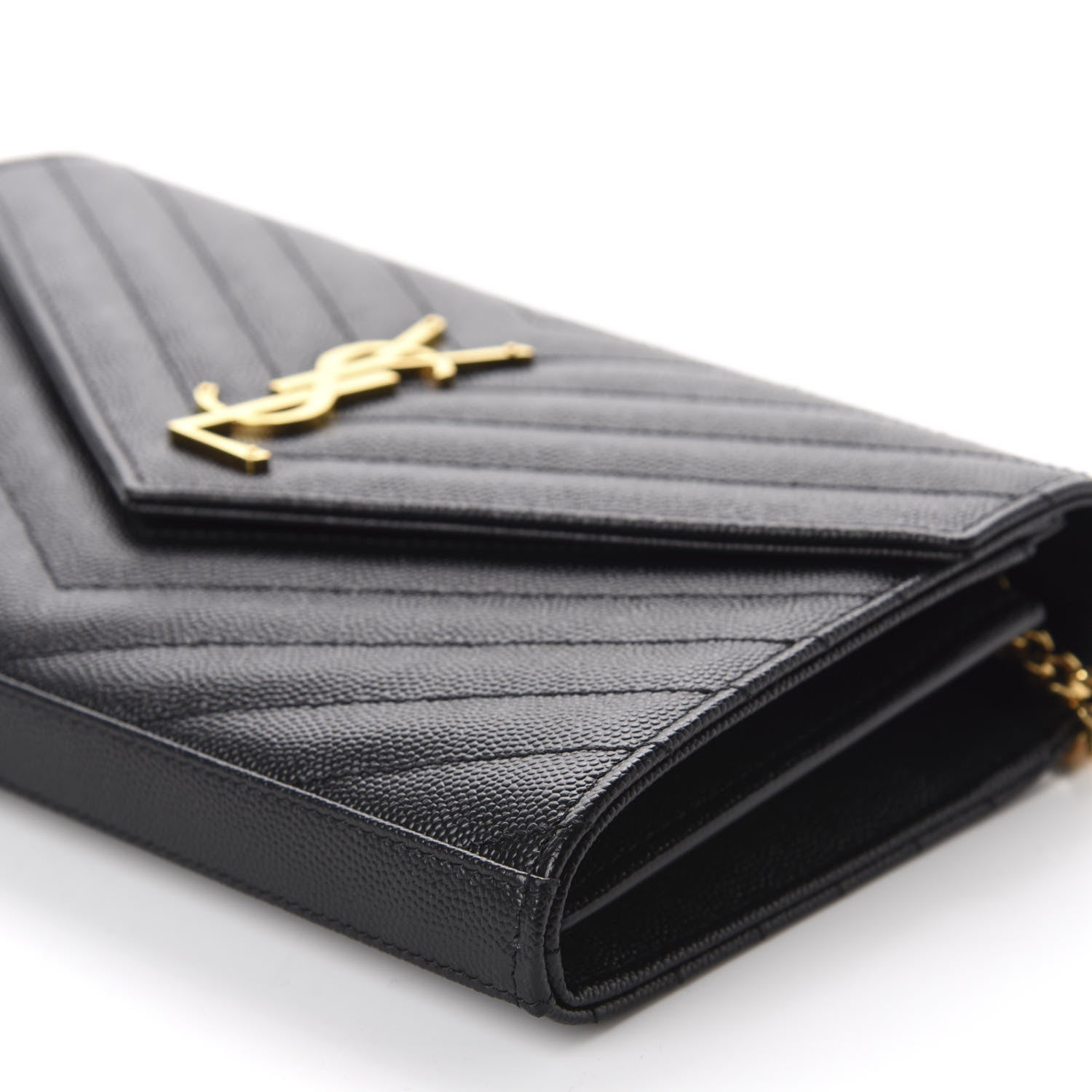 Saint Laurent Grain De Poudre Matelasse Chevron Monogram Chain Wallet Black 7 of 10