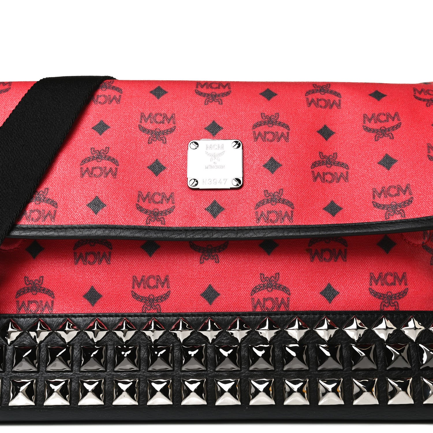 MCM X Ekocycle Monogram Coated Canvas Studded Messenger Bag Red 9 of 13