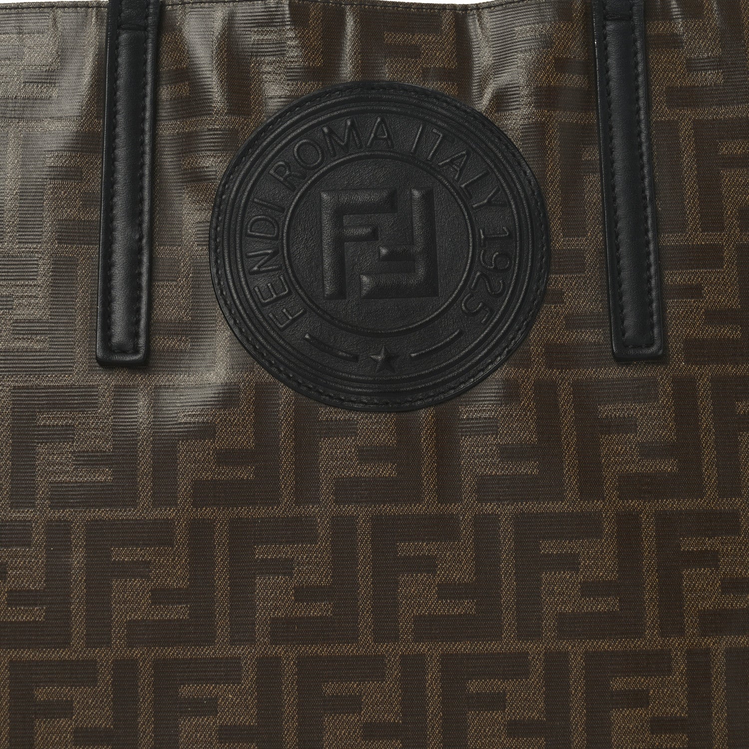Fendi Glazed Fabric Vitello Century FF 1974 Stamp Patch Shopping Tote Mogano Panna Black 8 of 10