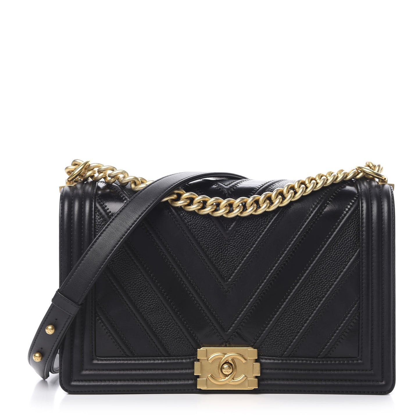 Calfskin Caviar Suede Chevron New Medium Boy Flap Black