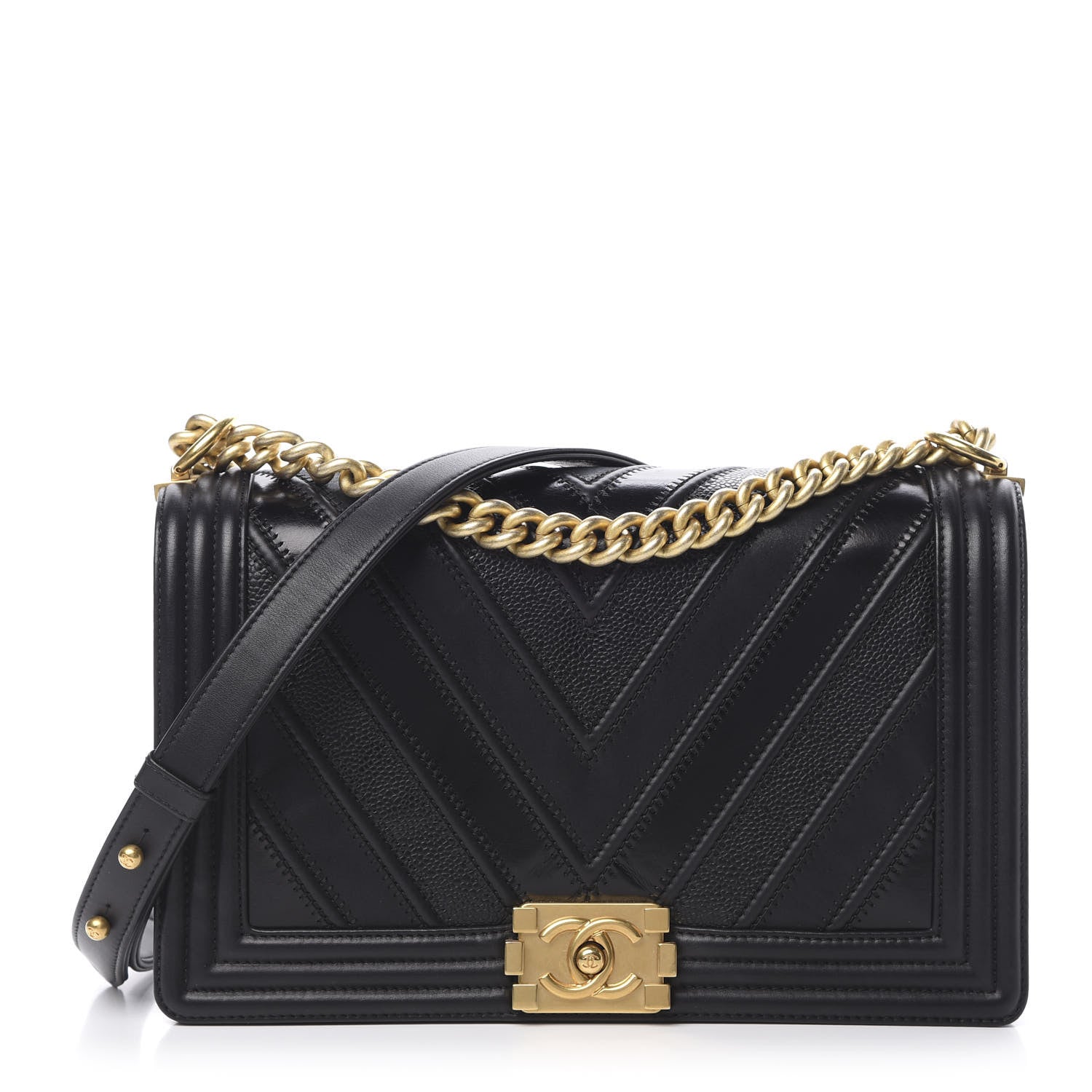 Chanel Calfskin Caviar Suede Chevron New Medium Boy Flap Black 1 of 12