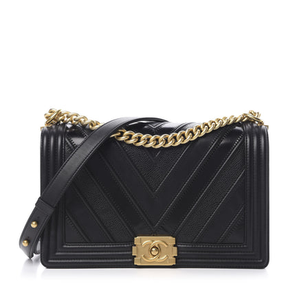 Chanel Calfskin Caviar Suede Chevron New Medium Boy Flap Black 1 of 12