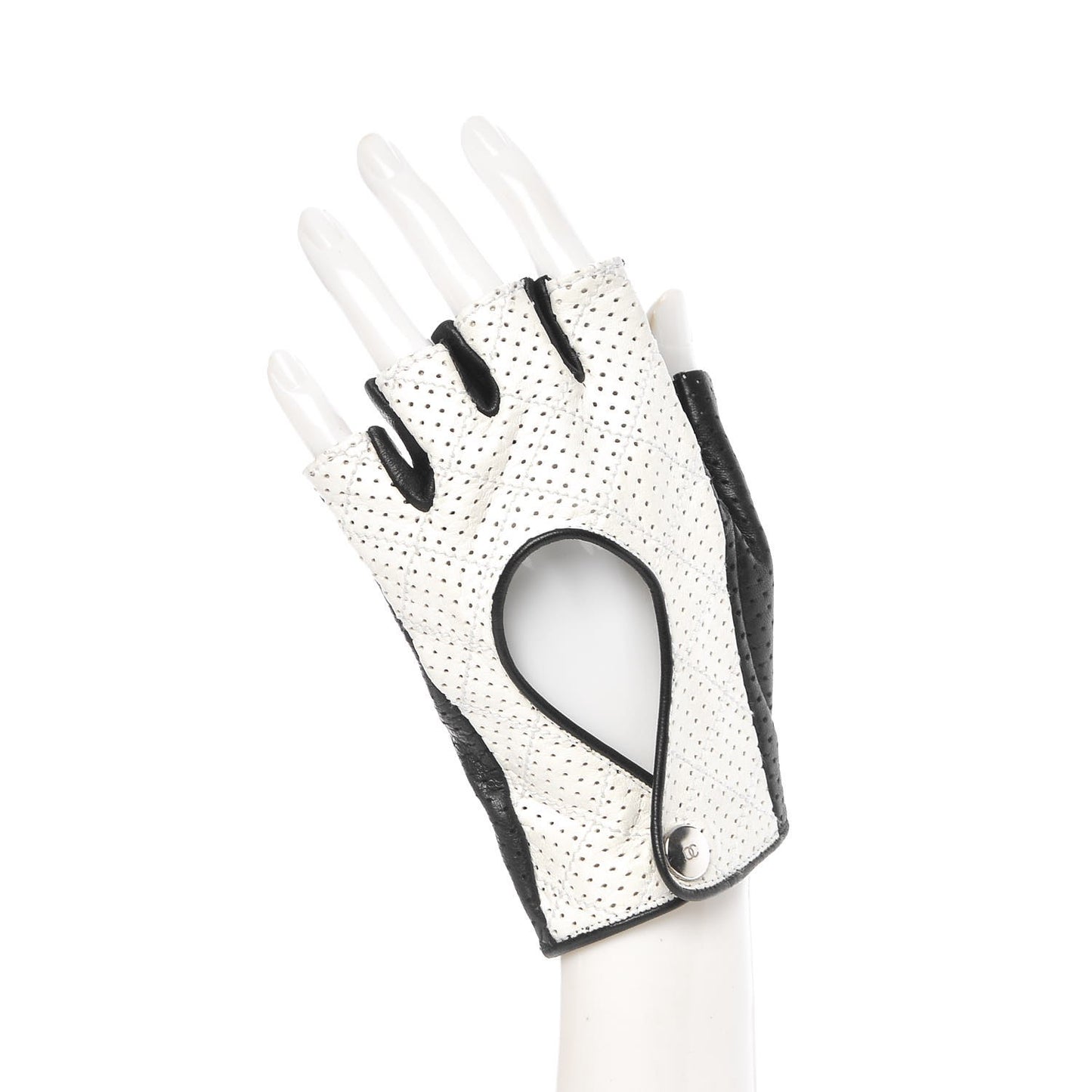 Lambskin Perforated Fingerless Gloves Black White
