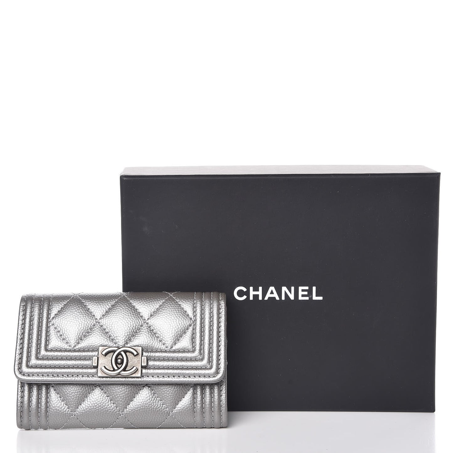 Metallic Caviar Quilted Boy Card Holder Wallet Silver