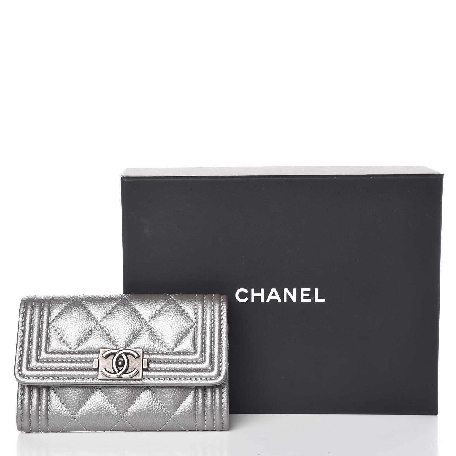 Chanel Metallic Caviar Quilted Boy Card Holder Wallet Silver 9 of 9