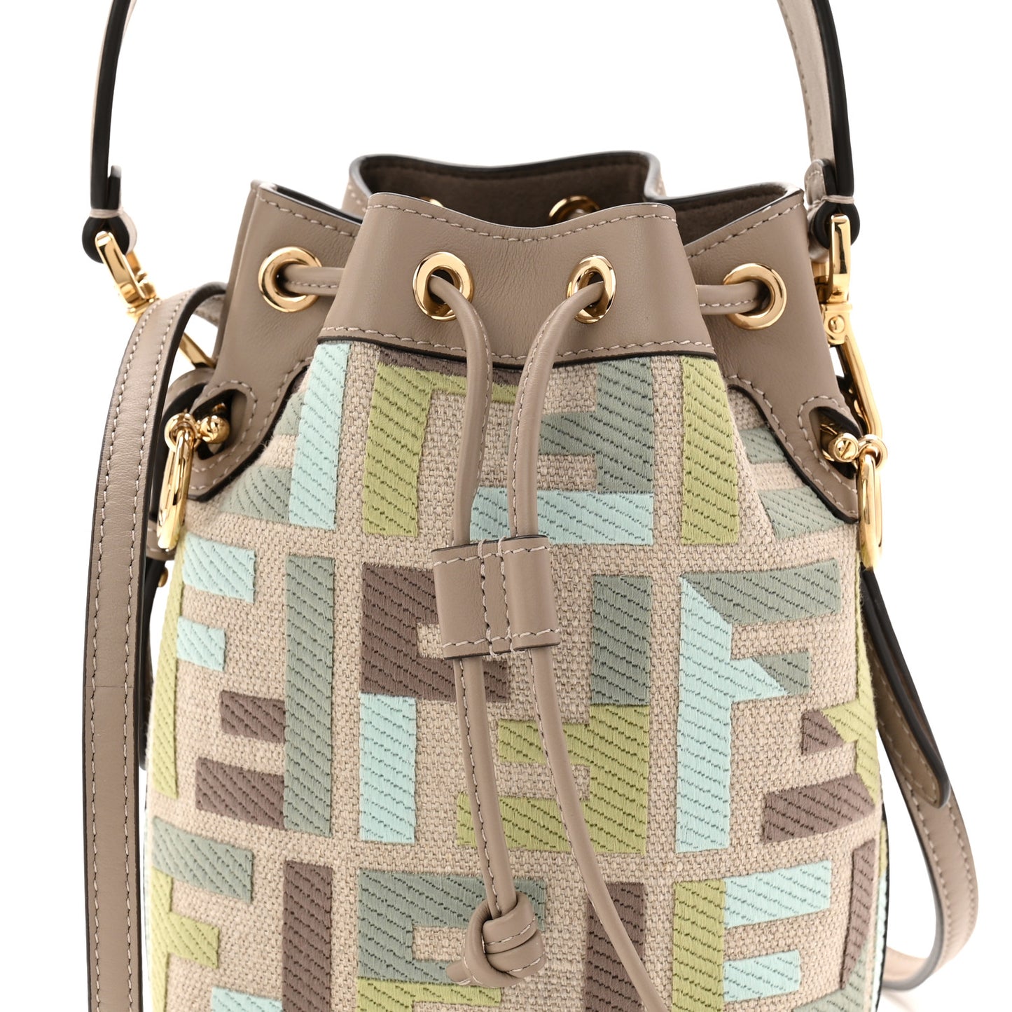 Canvas Vitello King FF Embroidered Mini Mon Tresor Bucket Bag Matcha Milk Dove