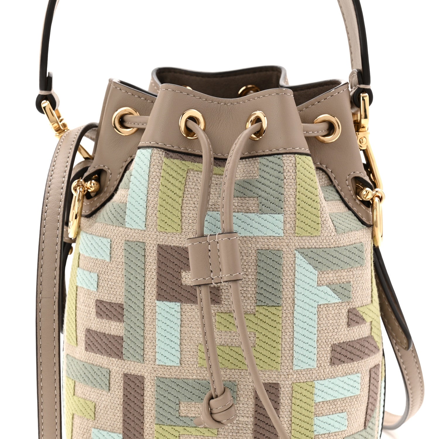 Fendi Canvas Vitello King FF Embroidered Mini Mon Tresor Bucket Bag Matcha Milk Dove 8 of 10