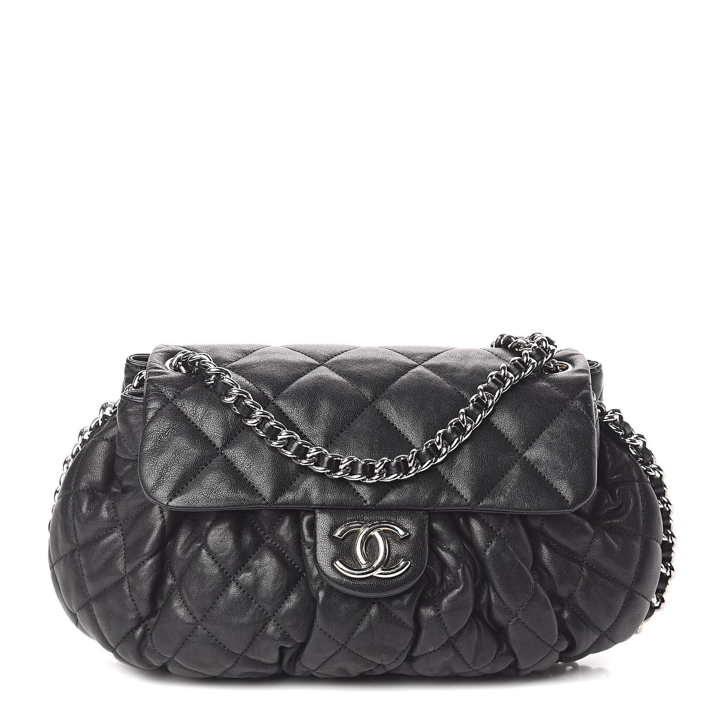 Washed Lambskin Quilted Medium Chain Around Messenger Black