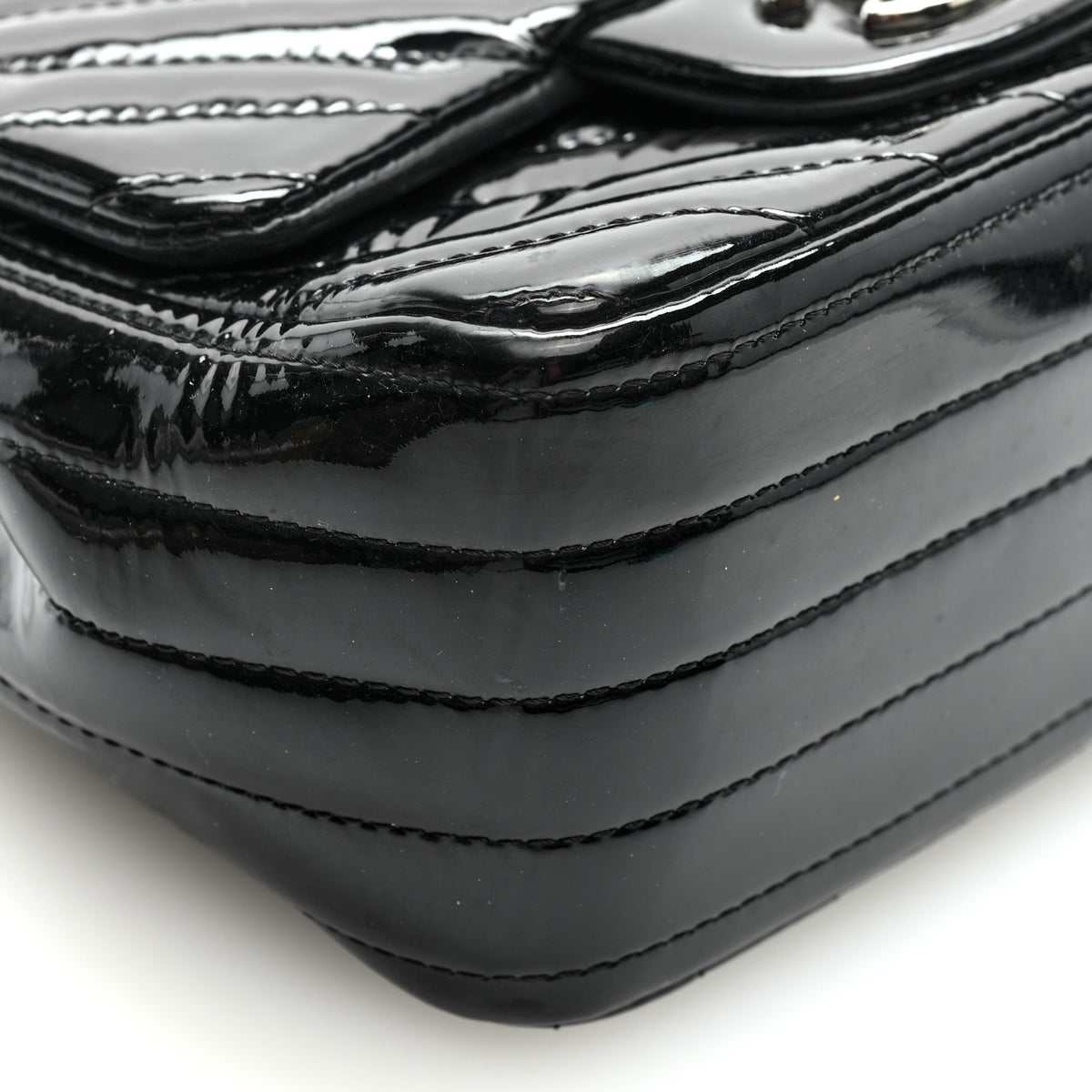 Patent Calfskin Chevron Quilted Mini Square Flap Black