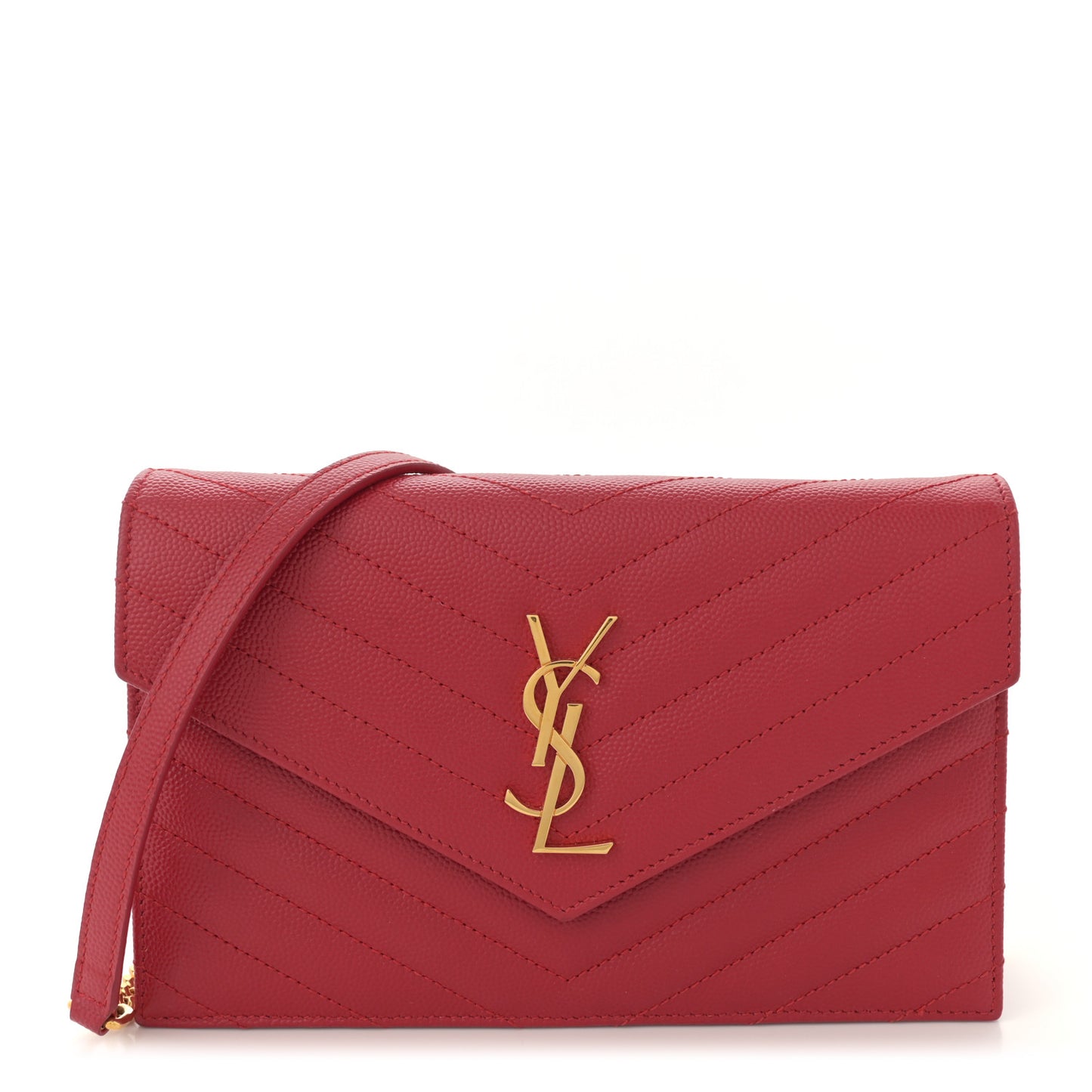 Grain De Poudre Matelasse Chevron Monogram Envelope Chain Wallet New Red