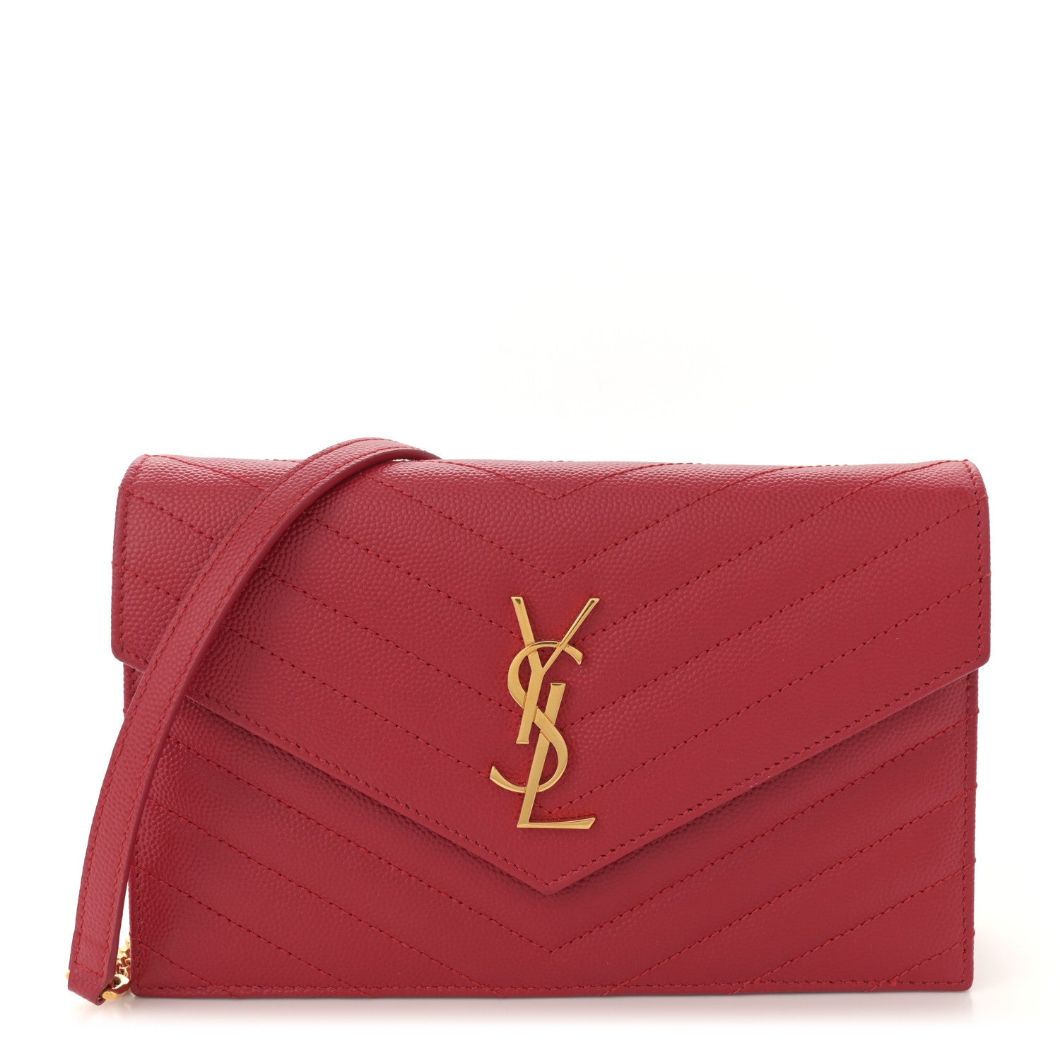 Saint Laurent Grain De Poudre Matelasse Chevron Monogram Envelope Chain Wallet New Red 1 of 13