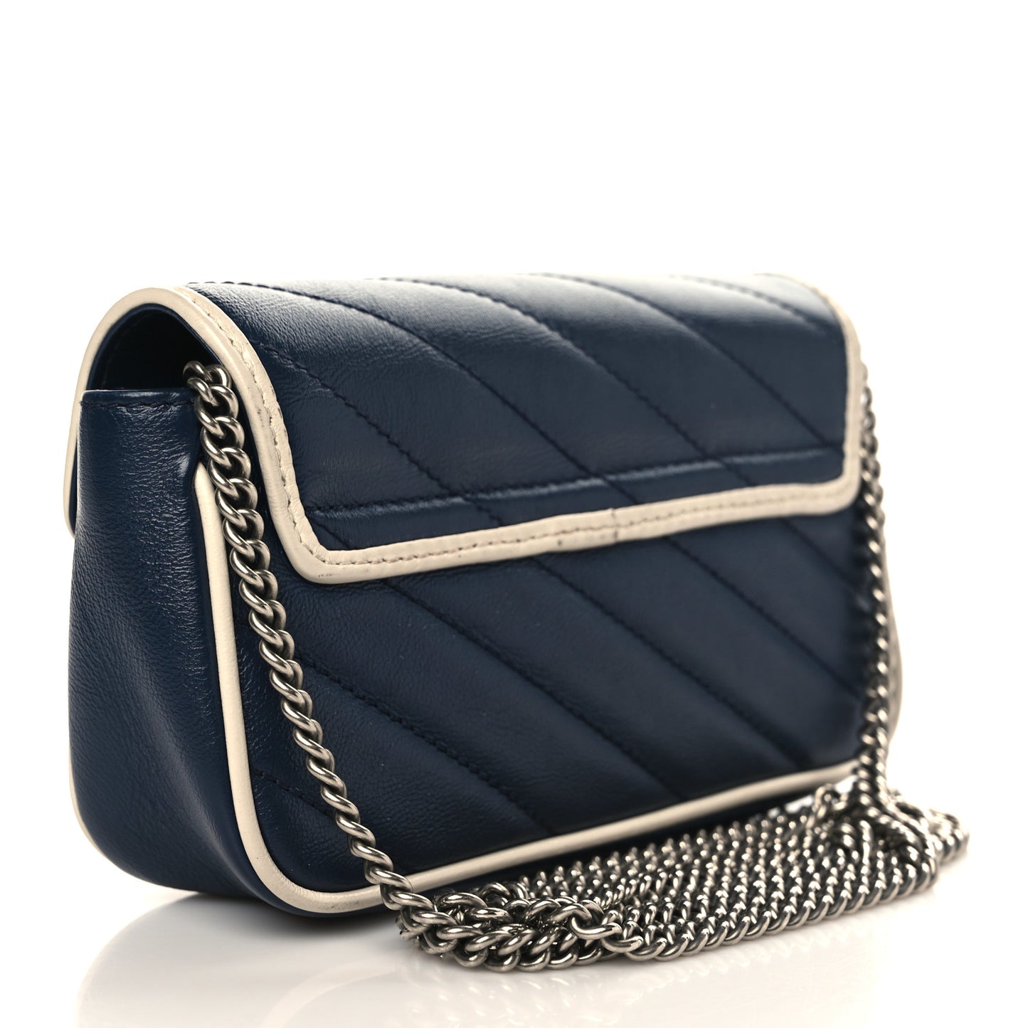 Vintage Effect Calfskin Matelasse Diagonal Super Mini Torchon GG Marmont Shoulder Bag Blue Agata Mystic White