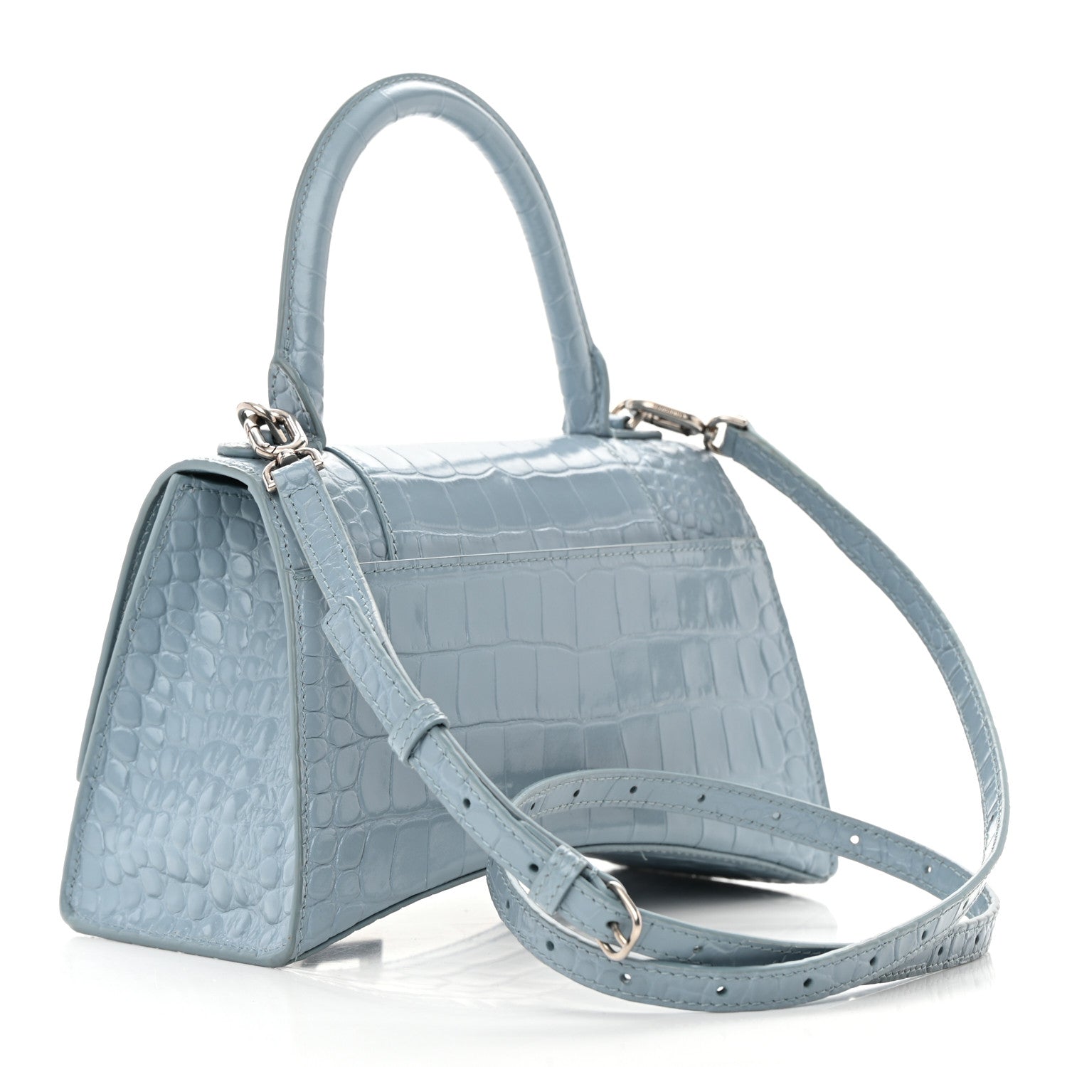 Balenciaga Shiny Calfskin Crocodile Embossed Small Hourglass Top Handle Bag Blue Grey 3 of 19