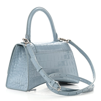 Balenciaga Shiny Calfskin Crocodile Embossed Small Hourglass Top Handle Bag Blue Grey 3 of 19