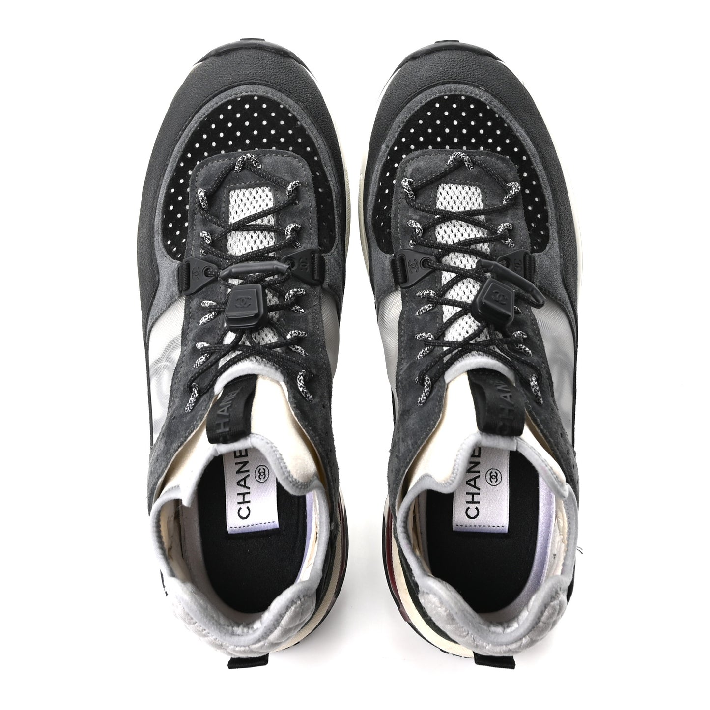 Fabric Suede Calfskin Mesh Womens CC Sneakers 40.5 Black Dark Grey White Light Grey