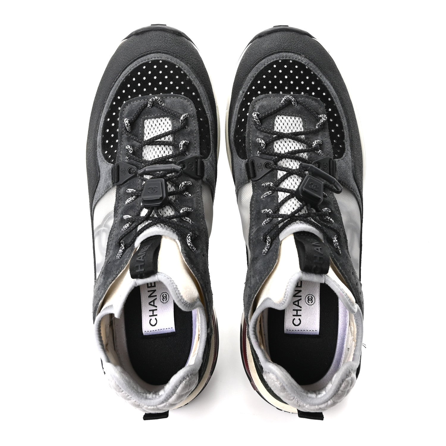 Chanel Fabric Suede Calfskin Mesh Womens CC Sneakers 40.5 Black Dark Grey White Light Grey 2 of 8