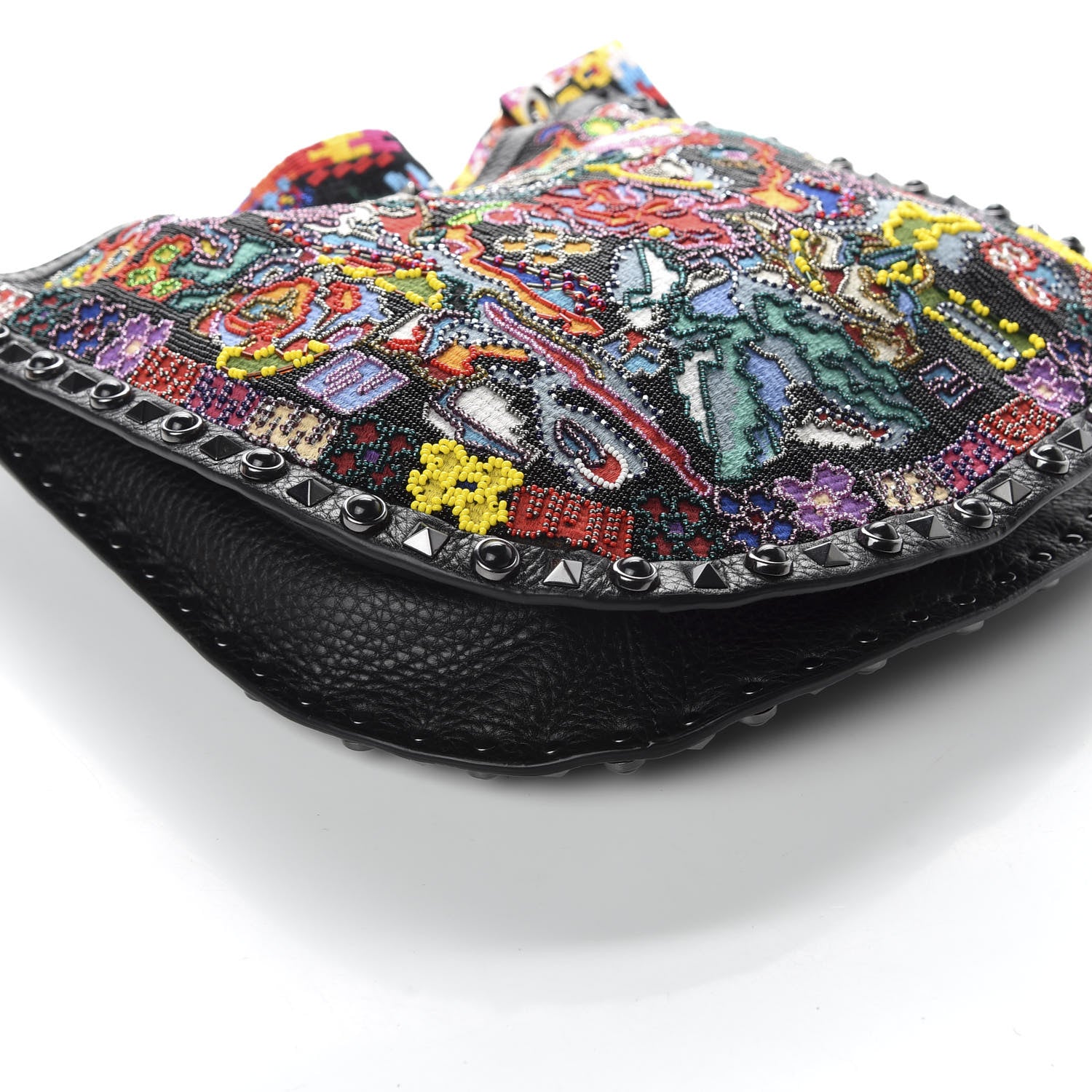 Valentino Garavani Calfskin Beaded Guitar Strap Rockstud Rolling Hobo Bag Black 7 of 9