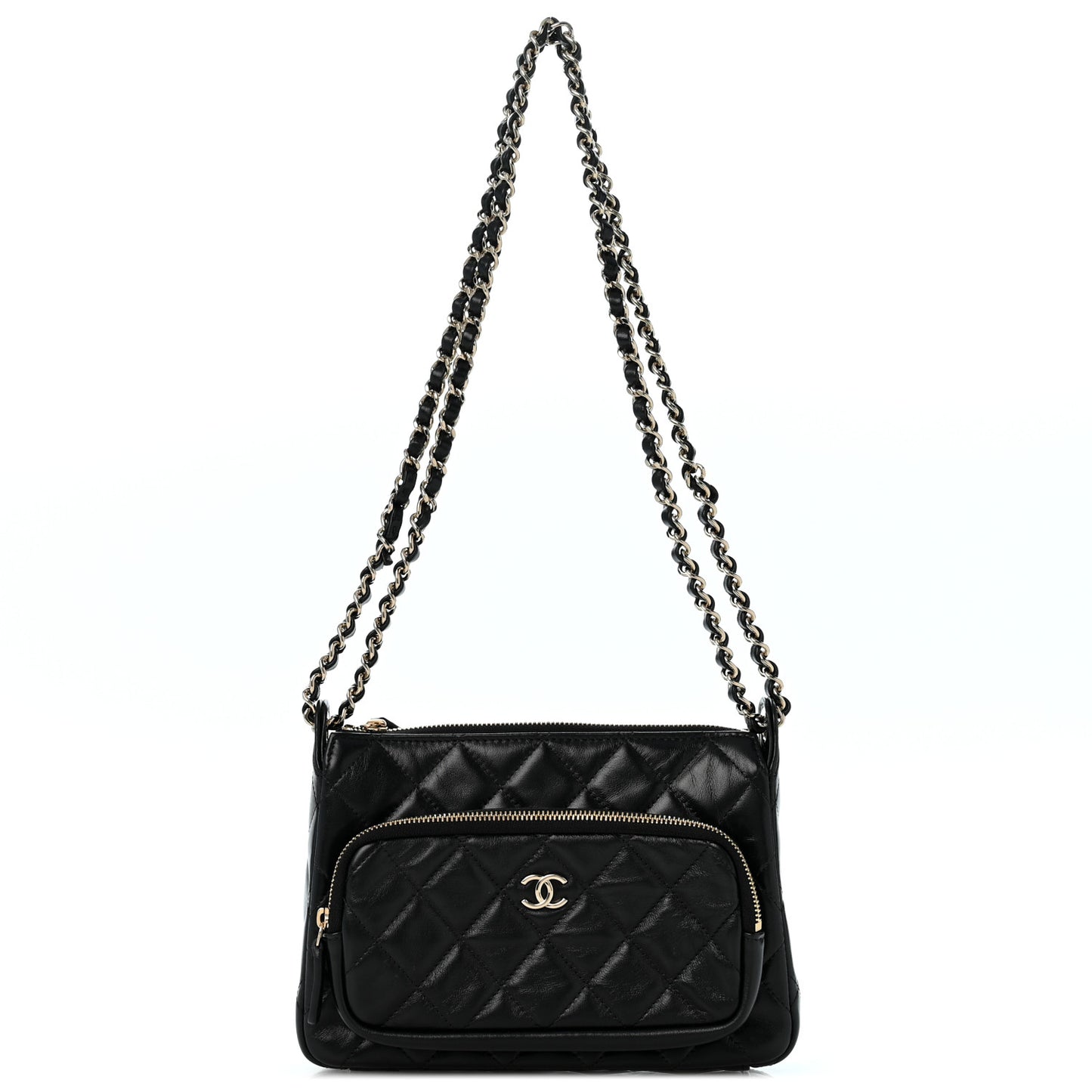 Shiny Crumpled Lambskin Quilted Small Preppy Pocket Clutch With Chain Black