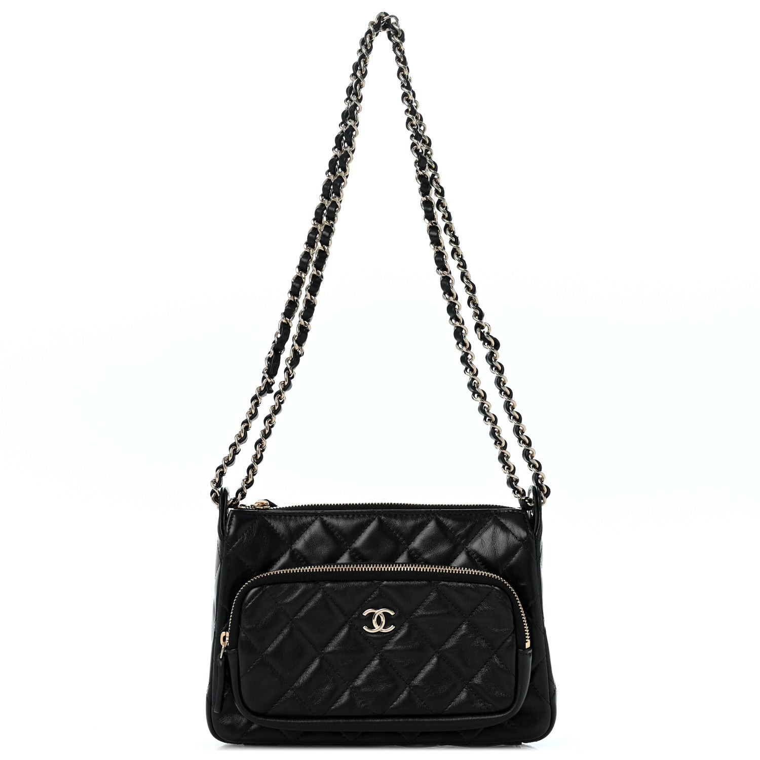 Chanel Shiny Crumpled Lambskin Quilted Small Preppy Pocket Clutch With Chain Black 1 of 13