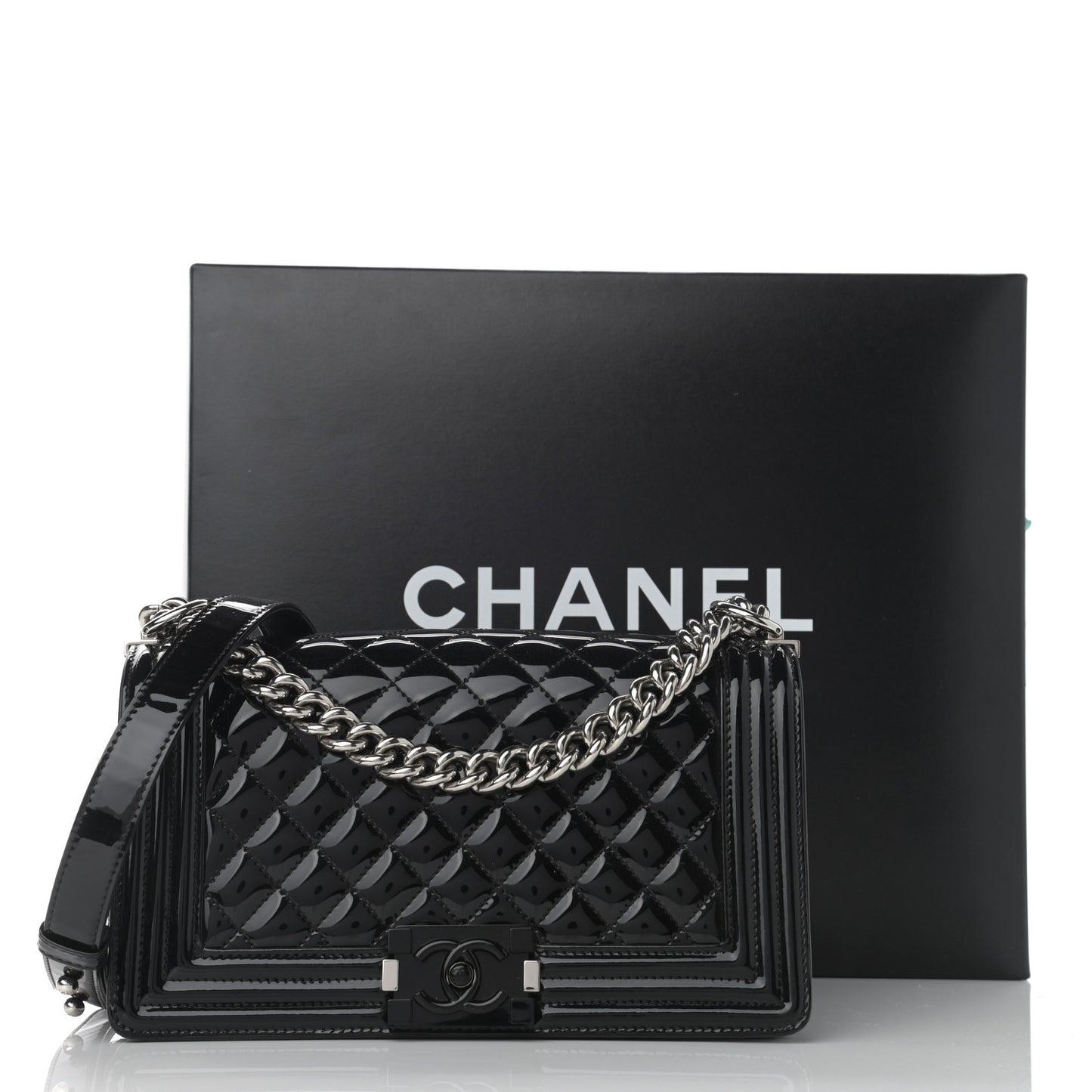 Patent Calfskin Quilted Medium Plexiglass Boy Flap Black