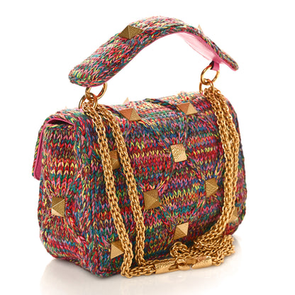 Valentino Garavani Wool Woven Medium Roman Stud Shoulder Bag Multicolor Feminine Pink 3 of 8