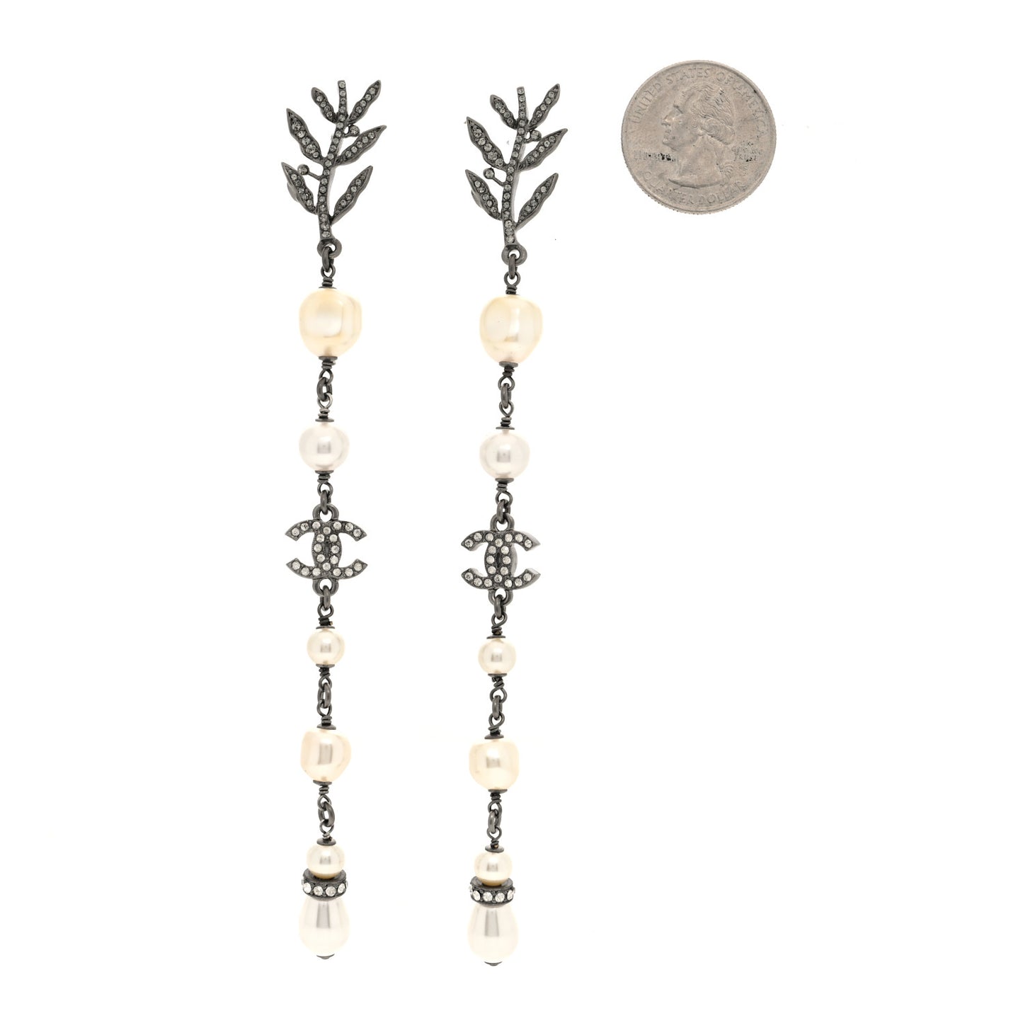 Pearl Crystal CC Long Drop Earrings Silver
