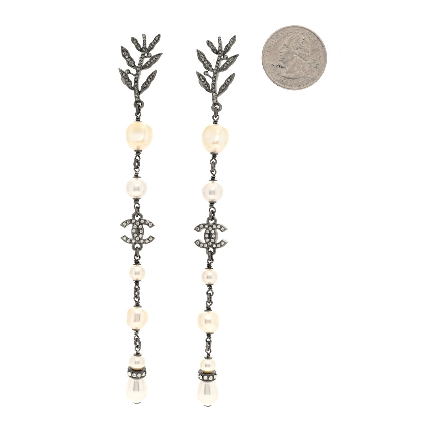 Chanel Pearl Crystal CC Long Drop Earrings Silver 2 of 5