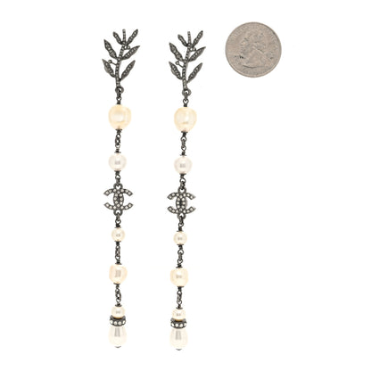 Chanel Pearl Crystal CC Long Drop Earrings Silver 2 of 5