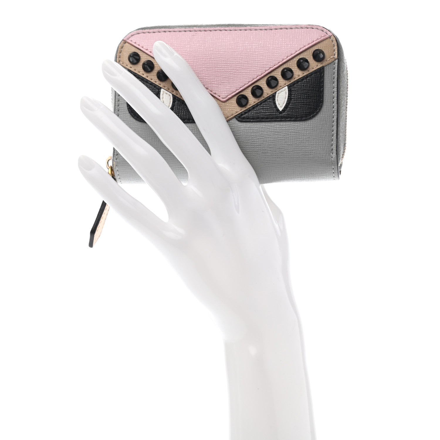 Fendi Vitello Elite Monster Eyes Studded Mini Zip Around Wallet Ghiaccio Black Multicolor 2 of 7