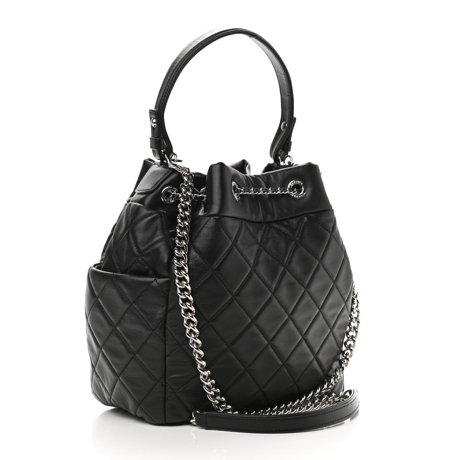 Chanel Lambskin Quilted CC Chain Drawstring Tote Black 3 of 10