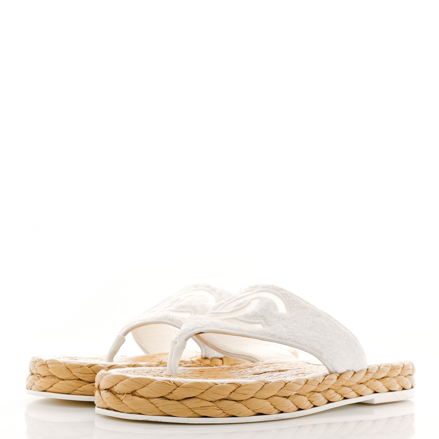 Terry Cloth Raffia CC Logo Thong Sandals 41 White