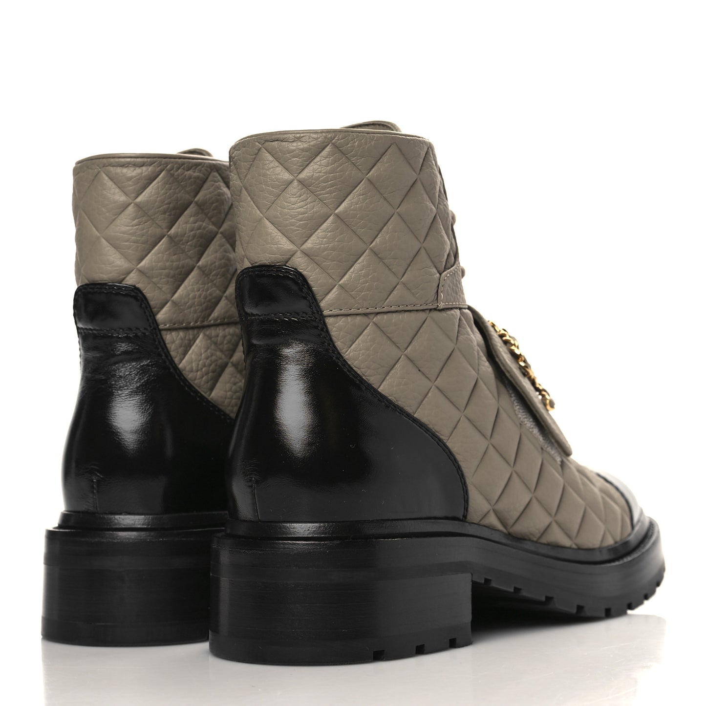 Calfskin Shiny Calfskin Quilted Lace Up Combat Boots 38.5 Dark Beige Black