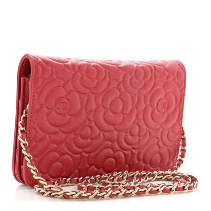 Chanel Caviar Camellia Embossed Wallet On Chain WOC Red 3 of 10
