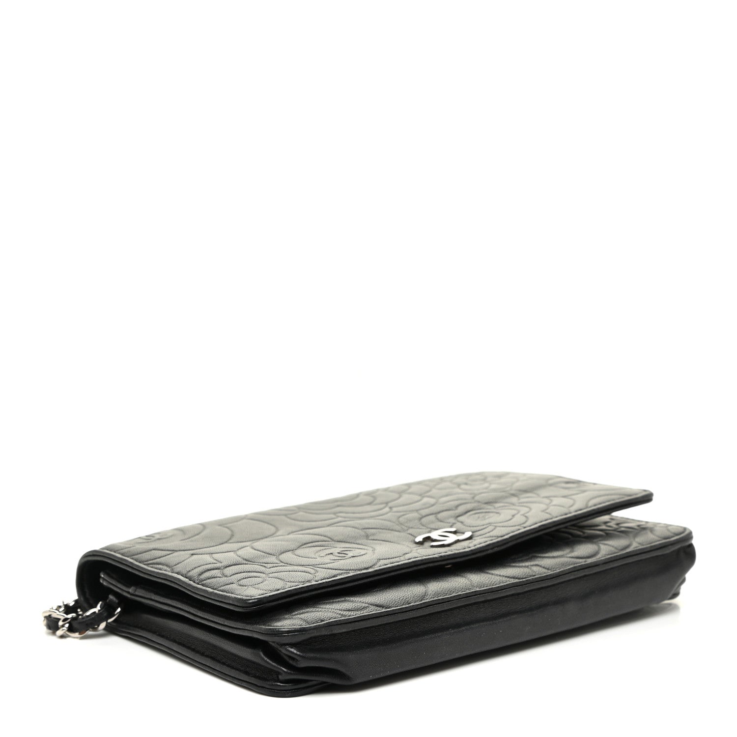 Chanel Lambskin Camellia Embossed Wallet on Chain WOC Black 4 of 17