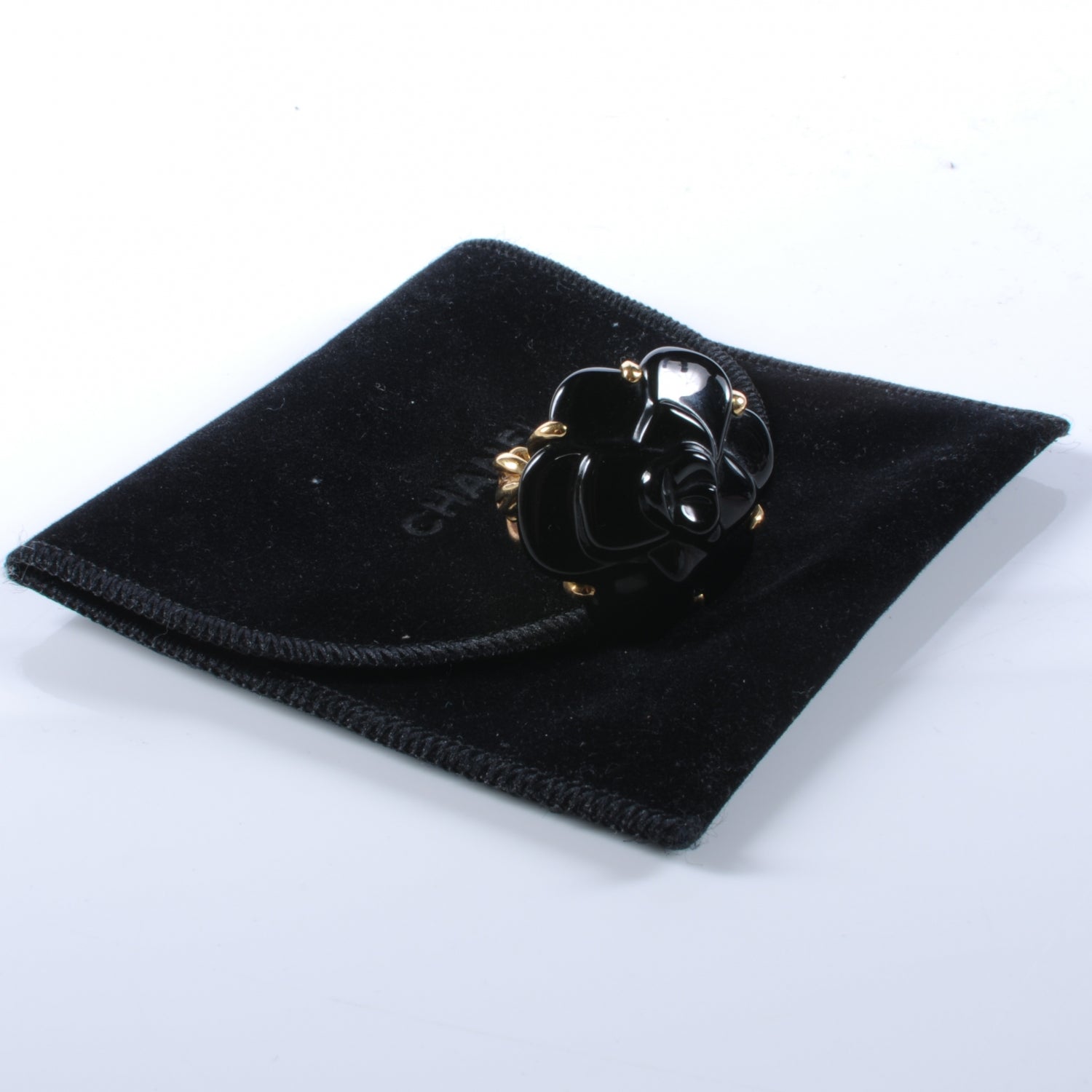 Chanel 18K Yellow Gold Ceramic Camellia Cachlonj Ring 8 Black 3 of 6