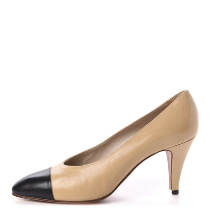 Chanel Lambskin Cap Toe Pumps 38.5 Beige Black 2 of 10