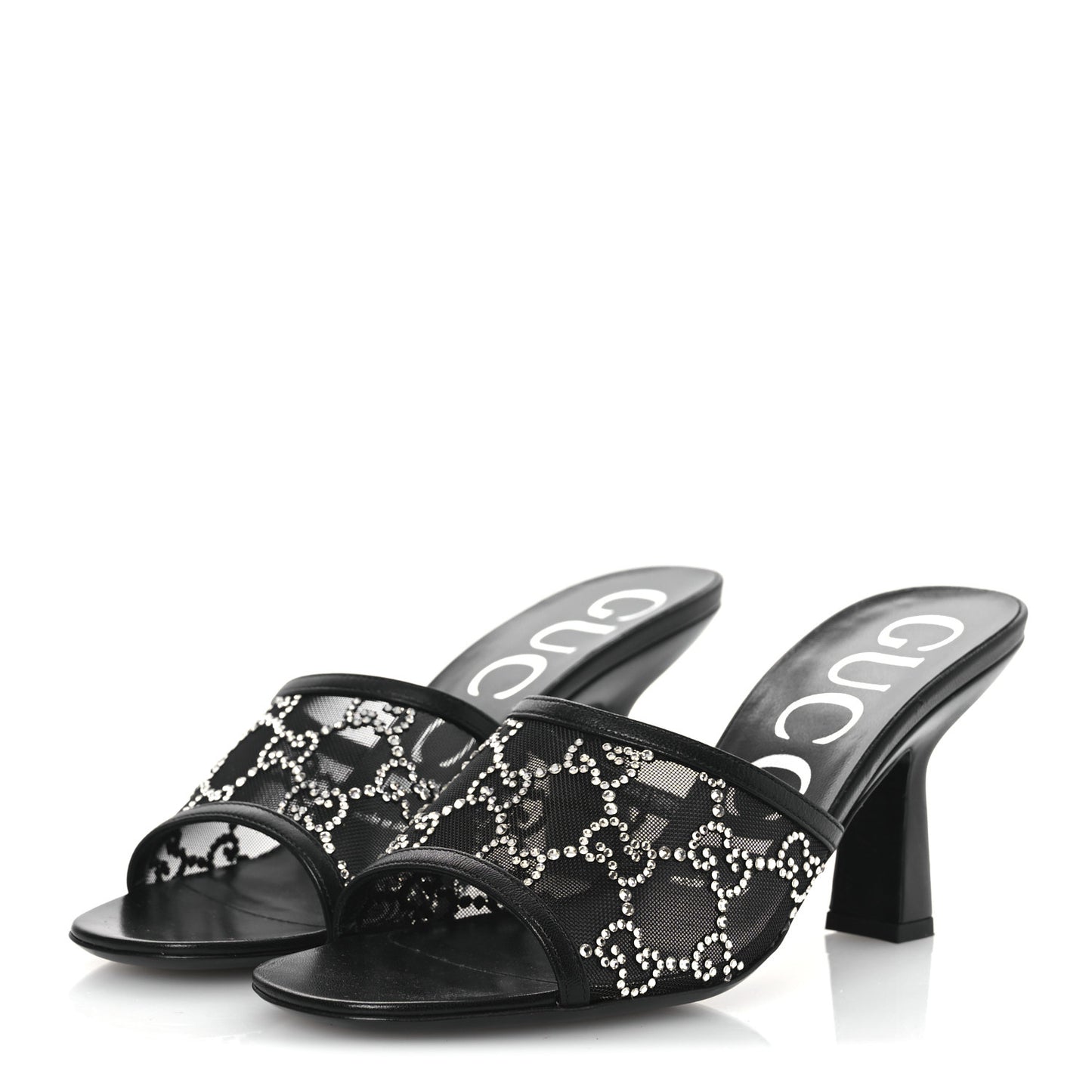 Tela Retino Kid Scamosciato Crystal GG Monogram Square Demi Mule Sandals 36 Black