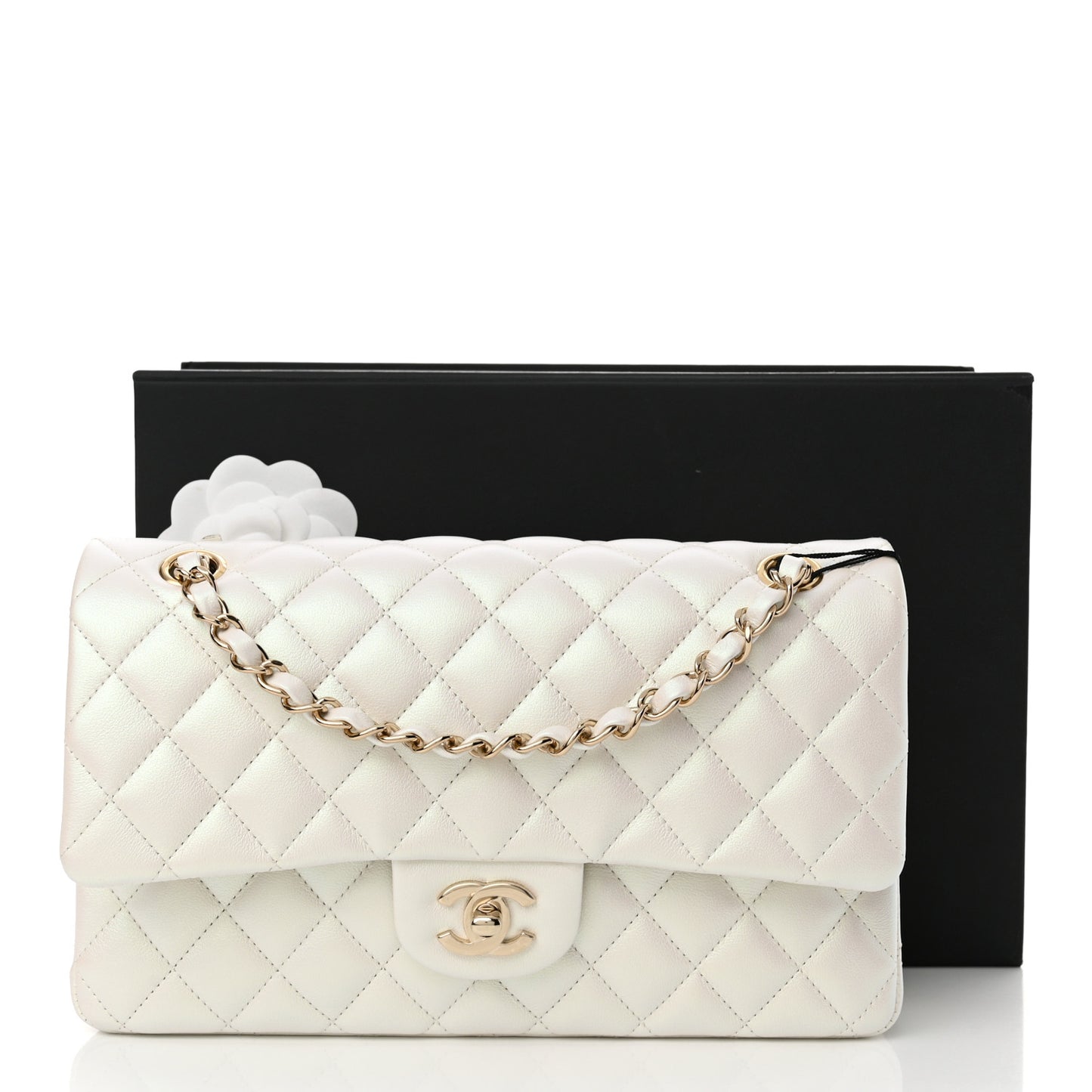 Iridescent Calfskin Quilted Medium Double Flap White